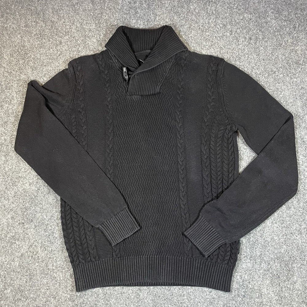 Sean John Shawl Collar Toggle Sweater Mens Medium Black‎ Cable Knit Cotton